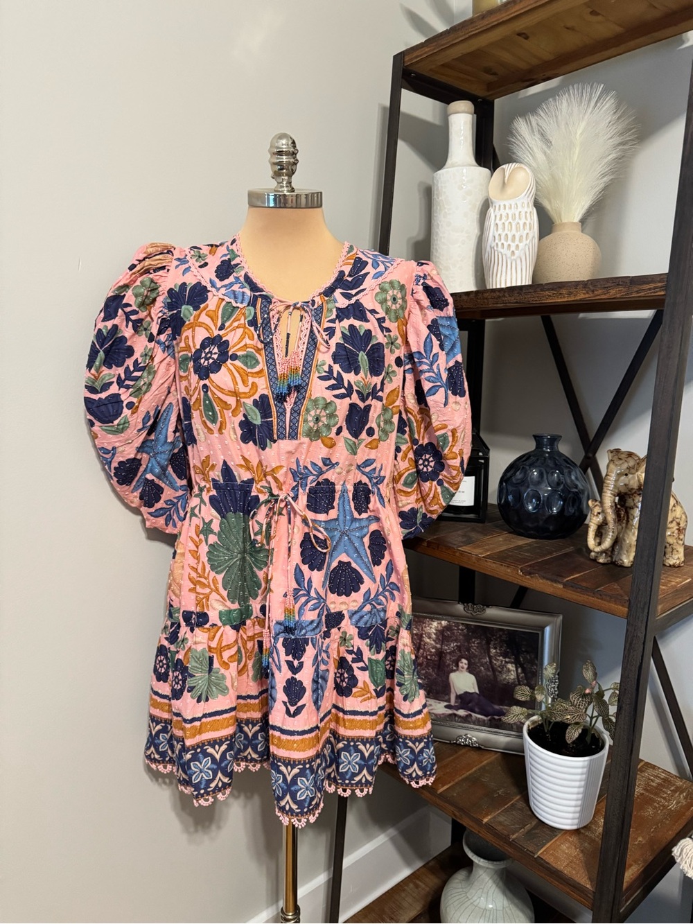 Farm Rio Seashell Tapestry Pink Cotton Mini Dress Women’s Large - Picture 4 of 16